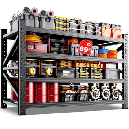 69"W Garage Shelving,6000lb Heavy Duty Storage Shelves,4 Tier Adjustable Shelving Unit,Industrial Metal Storage Shelving,Easy to install Standing Garage Shelf for Warehouse,Basement,64"H x 69"W x 24"D