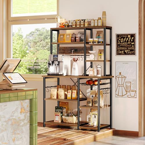 SUPERJARE Large Bakers Rack with Power Outlets, 6-Tier Microwave Stand, Coffee Bar with 12 S-Shaped Hooks, Kitchen Shelf with Wire Basket, 39.4 x 14.6 x 66.9 Inches, Rustic Brown - color: Rustic Brown, size: 39.4inch