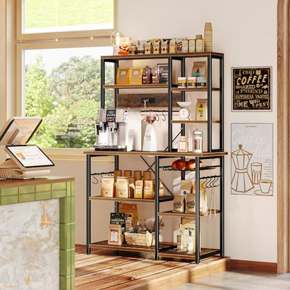 SUPERJARE Large Bakers Rack with Power Outlets, 6-Tier Microwave Stand, Coffee Bar with 12 S-Shaped Hooks, Kitchen Shelf with Wire Basket, 39.4 x 14.6 x 66.9 Inches, Rustic Brown - color: Rustic Brown, size: 39.4inch