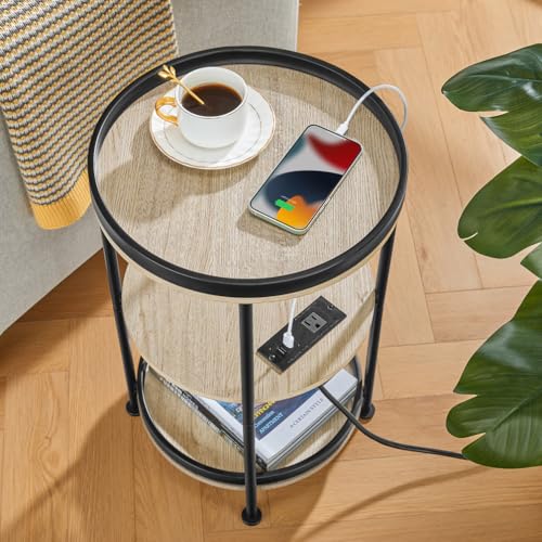 Dulcii Round Side Table with Charging Station, End Table with 3 Shelves for Living Room, Bedroom Nightstand for Small Spaces, Industrial Round Sofa Table with Steel Frame (USB+Oak) - color: Oak, style: With Outlets