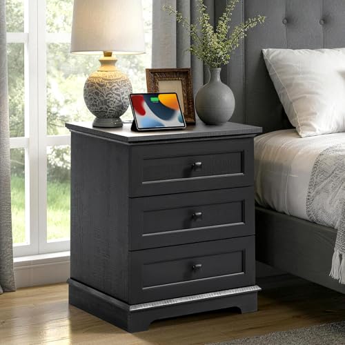20" Modern Nightstand Charging 3 Drawers End Table Bedroom Office Black | Built-in USB & Type-C ports charge overnight, 3 large drawers for storage, simple design fits bedroom or office - color: Black, size: 15.5"D x 20"W x 24"H (3 Drawers)