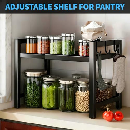 Microwave Oven Rack, 2-Tier Heavy Duty Adjustable Shelf Microwave Stand, Expandable Kitchen Countertop Shelf Organizer with 6 Hooks, 110lbs Weight Capacity for kitchen organizers and storage, Black - size: Adjustable 2 Tier