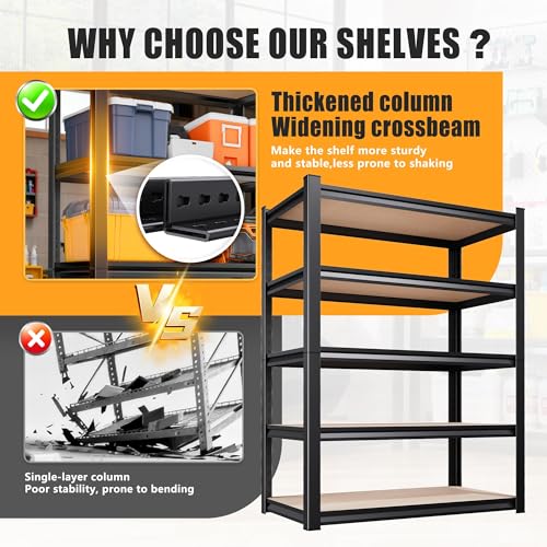 AOARGG 78"H-45.6"W Garage Shelving Heavy Duty Storage Shelves, Metal Adjustable Shelving Unit, Utility Garage Organizer Shelf for Basement, Pantry, Kitchen, Warehouse, 45.6"W x 19.7"D x 78"H - size: 5-Wood-19.7"Dx45.6"Wx77.9"H