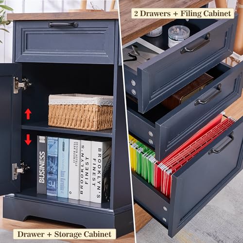 60" Farmhouse Executive Desk with Lock,Home Office Desk with Charging Station,Executive Desk with 4 Drawers & 1 Cabinet&1 File Cabinet for Office and Home - color: Blue
