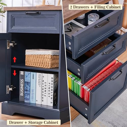 60" Farmhouse Executive Desk with Lock,Home Office Desk with Charging Station,Executive Desk with 4 Drawers & 1 Cabinet&1 File Cabinet for Office and Home - color: Blue