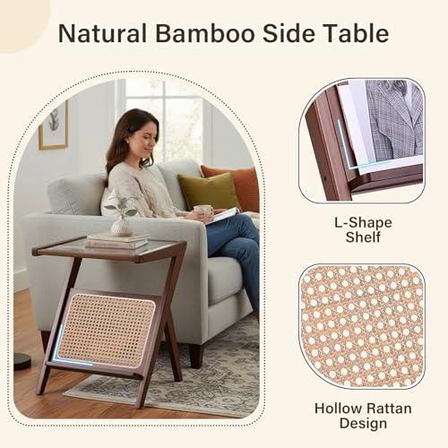 Tiita 2 Pack Rattan Side Table, Mid Century Nightstand, Bamboo Accent Bedside Tables, Glass Coffee Tables, Boho Wooden End Table with Storage for Small Space, Living Room and Bedroom - color: 2 Pack Rattan-l-brown