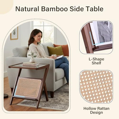 Tiita Rattan Side Table, Mid Century Nightstand, Bamboo Accent Bedside Tables, Glass Coffee Tables, Boho Wooden End Table with Storage for Small Space, Living Room and Bedroom - color: Rattan-l-brown