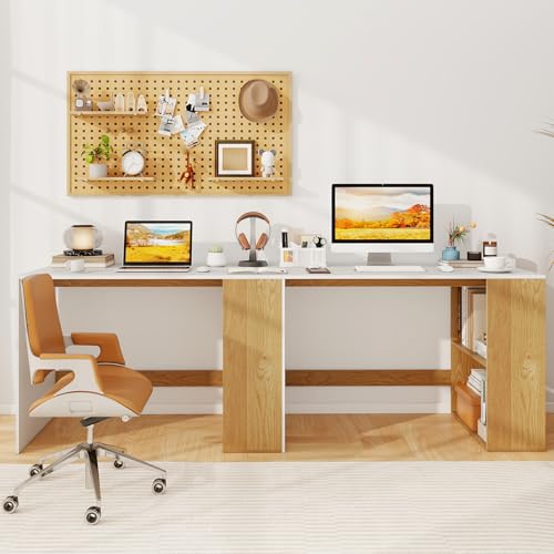 Giantex Small Desk with Bookshelf, 44 Inch Modern Computer Desk for Small Spaces, Laptop PC Desk, Vanity Table for Bedroom, Study Writing Desk for Home Office (White+Natural) - color: White+natural