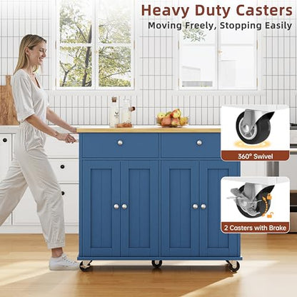 SUNLEI Kitchen Island with Storage, Rolling Kitchen Island Cart with Wheels & Drop Leaf & Towel Rack & 2 Drawers, Portable Island Table for Kitchen (Blue, 39.6“) - style: Blue