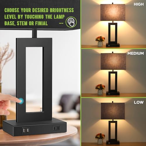 TOBUSA 28’’ Tall Black Lamps for Living Rooms Set of 2, Modern Touch Control Table Lamps for Bedroom, 3 Way Dimmable Bedside Lamps with 2 USB Ports&AC Outlet, High-end Decor Lamp for Home Office | 3 Way Dimmable, Touch Control, Black Fabric Shade, Large D