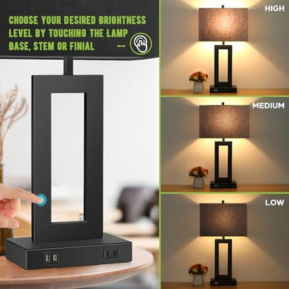 TOBUSA 28’’ Tall Black Lamps for Living Rooms Set of 2, Modern Touch Control Table Lamps for Bedroom, 3 Way Dimmable Bedside Lamps with 2 USB Ports&AC Outlet, High-end Decor Lamp for Home Office | 3 Way Dimmable, Touch Control, Black Fabric Shade, Large D