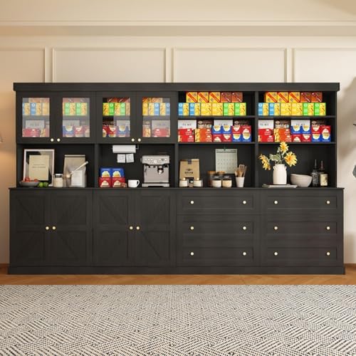 71" Tall Farmhouse Kitchen Pantry, Black Large Storage Cabinet with Glass Doors and Drawers, Freestanding Coffee Bar Hutch with Microwave Stand, Adjustable Shelves for Kitchen or Living Room, Set of 4 - color: Black, size: 2A+2B