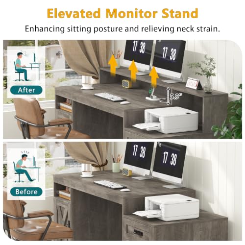 65" Farmhouse Computer Desk with Drawers and Printer Stand for Home Office | Office Desk with Power Outlets and Storage Cabinet, Study Writing Desks with Long Monitor Stand, Grey - color: Grey