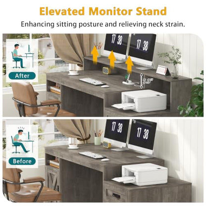 65" Farmhouse Computer Desk with Drawers and Printer Stand for Home Office | Office Desk with Power Outlets and Storage Cabinet, Study Writing Desks with Long Monitor Stand, Grey - color: Grey