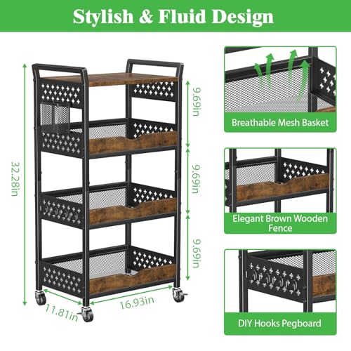4 Tier Rolling Storage Utility Snack Cart on Wheels | durable metal and wood frame, suitable for kitchen bathroom pantry vanity bedroom living room dorm, no shake, move smoothly