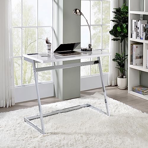 24/7 Shop at Home Andree Industrial Metal Writing Desk with USB Port, Power Outlet for Workstation, Home Office, Study Room, Gloss White and Chrome