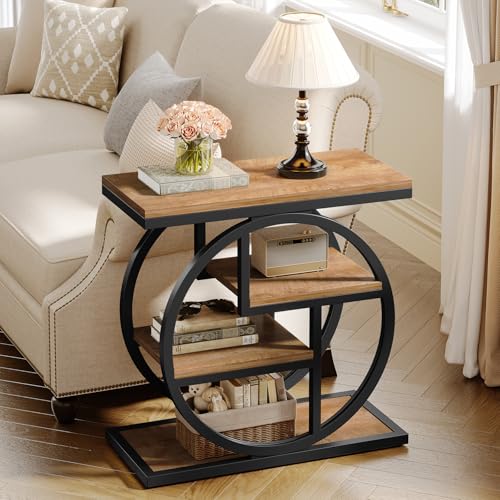 Tribesigns End Table for Living Room, 4-Tier Narrow Side Table with Storage Shelves, Industrial Bedside Table for Bedroom, Wood Small Sofa Side Table with Geometric Metal Frame (1 PC, Natural Brown) - color: Natural Brown