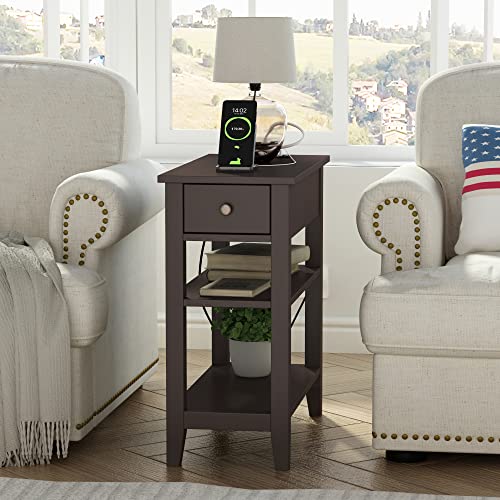ChooChoo Narrow End Table with Charging Station, Side Table Living Room with USB Ports & Power Outlets and Hidden Drawer, 3-Tier Skinny Nightstand with 2 Open Storage Shelves For Small Place(Espresso) - color: Espresso