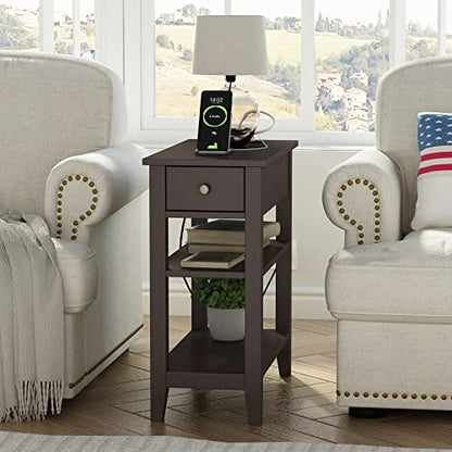 ChooChoo Narrow End Table with Charging Station, Side Table Living Room with USB Ports & Power Outlets and Hidden Drawer, 3-Tier Skinny Nightstand with 2 Open Storage Shelves For Small Place(Espresso) - color: Espresso