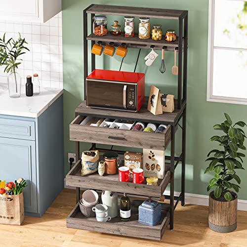LITTLE TREE Kitchen Baker’s Rack with Power Outlets, Freestanding 5-Tier Microwave Stand with Drawers & Sliding Shelves, Coffee Bar with 6 Hooks for Dining Room Living Room, Grey & Black - color: Grey Black