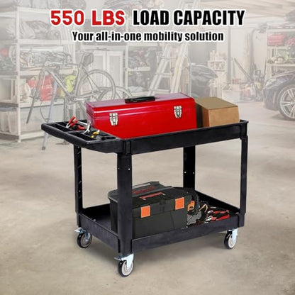 Heavy Duty Rolling Utility Cart, 2 Tier Service Cart with Wheels, Ergonomic Storage Handle, 550 LBS Capacity, Plastic Tool Cart Detailing Cart for Warehouse, Garage, Workshop,Kitchen, 40.5x17.7 in