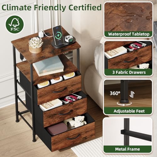 Somdot Nightstands Set of 2 with 3 Drawers, Charging Station & LED Light | Open-Shelf End Tables for Bedside, Small Spaces, Bedroom, Entryway and Hallway, Brown - color: Brown, size: 11.8"D x 15.7"W x 28.3"H (3 Drawers)