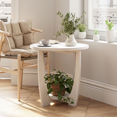 COZAYH Rustic Farmhouse end Table X 2P with Storage Shelf, French Country Accent Side Table for Family, Dinning or Living Room, Small Spaces, Modern, Round, White - color: White