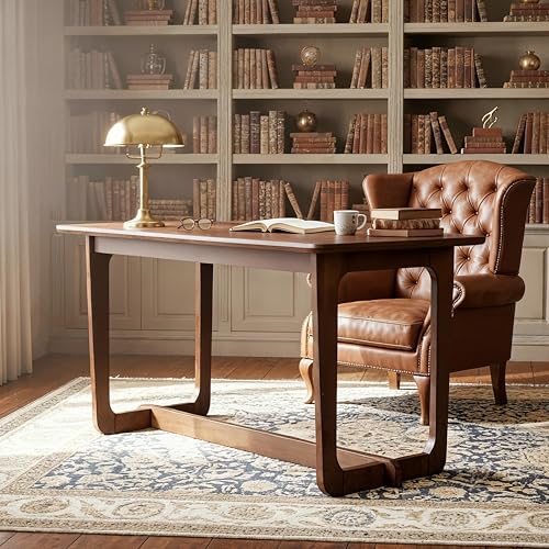 Solid Wood Writing Desk, 51.2 Inch Rubberwood Study Desk, Gaming Computer Table, Modern Home Office Desks with Round Edges, Simple Work Station for Living Room, Light Brown