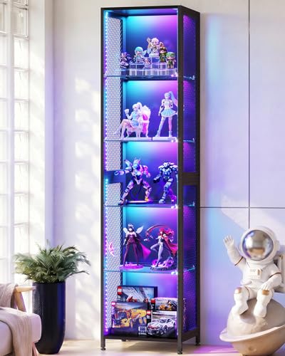 AODK 72" Tall Display Case with LED Lights, Corner Display Cabinet with Open Glass Shelves, 5-Tier Display Shelf with Industrial Mesh Sides, Curio Cabinet Shelf for Collectibles - size: 72 Inch