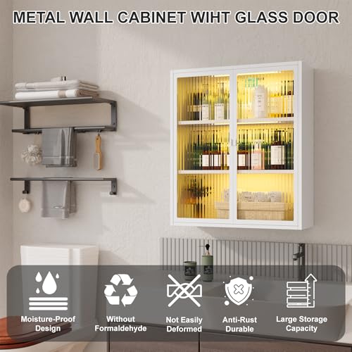 3-Tier Bathroom Wall Cabinet with 2 LED Light | Metal Medicine Cabinet with Glass Doors, Laundry Room Cabinets Storage, Black Over Toilet Modern Storage Cabinet for Bathroom - style: Full Glass Door White