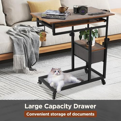 FAHKNS Overbed Table with Wheels, C Shaped End Table for Couch, Height Adjustable Desk on Wheels, Rolling Side Table with USB Ports & Outlets, Bedside TV Tray for Laptop Snacks