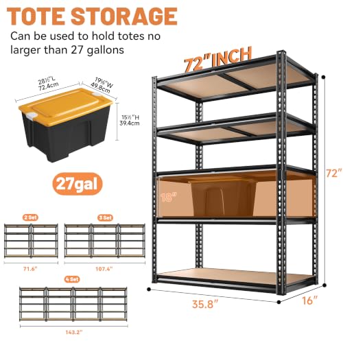 ROOMFAVE 5 Tier Garage Shelving Heavy Duty Storage Shelves, 72"x35.8"x16" | 2200LBS Load Garage Shelves, Adjustable Metal Shelving Unit for Warehouse, Pantry, Kitchen, Basement, Black