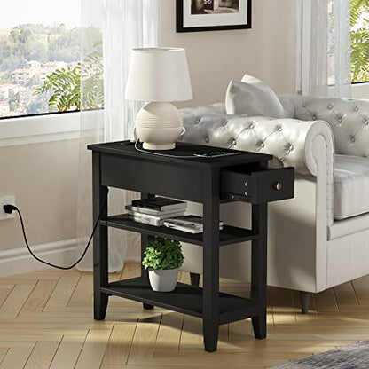 ChooChoo Narrow End Table with Charging Station, Side Table Living Room with USB Ports & Power Outlets and Hidden Drawer, 3-Tier Skinny Nightstand with 2 Open Storage Shelves for Small Place (Black) - color: Black