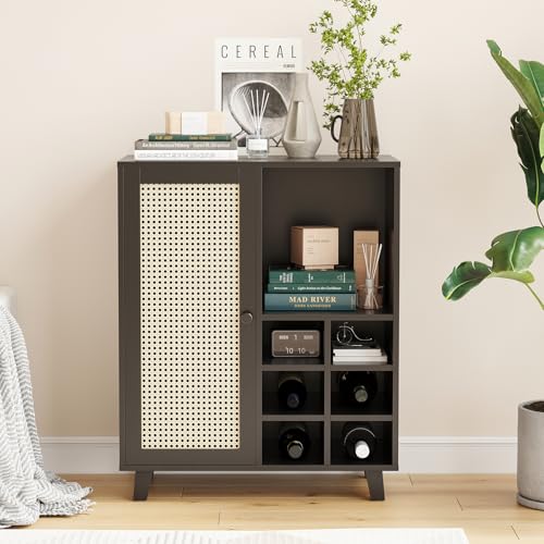 Farini Side Buffet Cabinet with Rattan Doors,Kitchen Sideboard with 2 Racks Coffee Bar Storage Console Table,Black,27.6 inch - color: Black, size: 27.6 inch-Racks