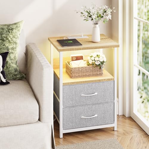 Fixwal Night Stand with Charging Station, LED Nightstand with U-S-B Ports and Outlets, 2 Fabric Storage Drawers with PU Finish, Small Bedside Table, Natural Oak & Light Grey - color: Natural Oak & Light Grey, size: 23.6"H (2 drawers), style: Power+Light (
