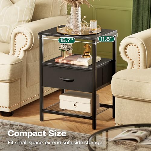 Huuger Nightstand Set of 2, Night Stand with Fabric Drawer, Mesh Shelf, Side Table with Storage, Fabric Drawer Dresser, Open Shelf, Metal Frame, Bedroom, Black - color: Black