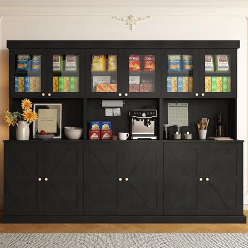 ivaniti 71" Tall Farmhouse Kitchen Pantry, Large Storage Cabinet with Glass Doors, Freestanding Coffee Bar Hutch with Microwave Stand, Adjustable Shelves for Kitchen, Living Room, Black 3 Pcs - color: Black, size: 3A