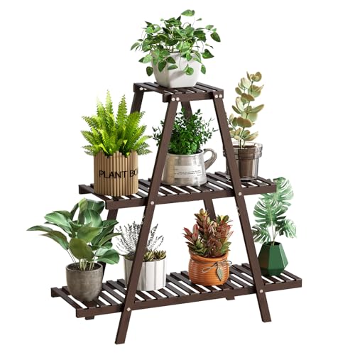 GHWIE Plant Stand Indoor Plant Shelf Outdoor bamboo Plant Rack, 3 Tiers Ladder Plant Holder Flower Stand for Living Room Balcony Garden Patio,Living Room Boho Home Decor for Gardening Gifts (Brown) - color: Brown
