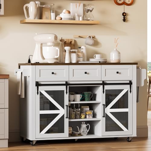 Kitchen Island with Storage, 55" Kitchen Cart with Charging Station, Rolling Kitchen Island Table with Drop-Leaf, 3 Drawers, Barn Doors, Towel Rack and Spice Rack, White and Walnut - color: White + Walnut