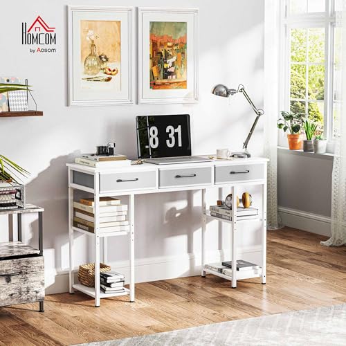 HOMCOM 47" Computer Desk with 3 Fabric Drawers, Home Office Desk with Adjustable Shelves, Small Writing Desk with Storage, White