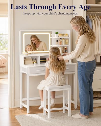 Kitsure Small Makeup Vanity with Lights, Open Shelves, Fabric Drawers | Bedroom, Gifting, 3 Lighting Modes, Stable Frame, 31.5" x 15.8" x 51.2"