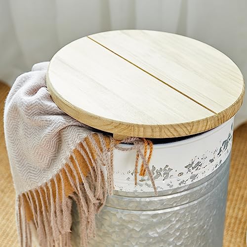 Glitzhome Rustic End Table Set of 2, Farmhouse Galvanized Metal Barrel Ottoman Storage Stool with Round Wood Lid for Living Room Furniture, Distressed White - color: Distressed White