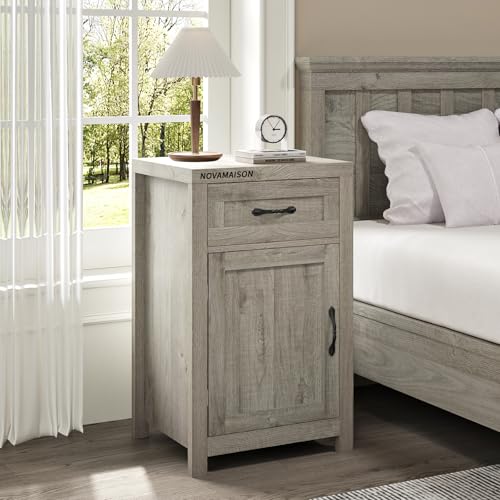 Farmhouse Nightstand with Drawer, 30" End Table with Storage Cabinet and Adjustable Shelf, Tall Bedside Table Rustic Wood Sofa Side Table for Living Room, Bedroom, Grey - color: Grey, size: 1pc