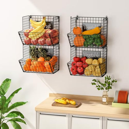 X-cosrack Metal Wire Basket Wall Mount, 4 Tier Extra Large Wall Storage Basket Organizer with Chalkboards, Kitchen Fruits and Vegetables Produce Bin Rack Toys Organizer Bathroom Tower Baskets (Black) - color: Black-4 Tiers