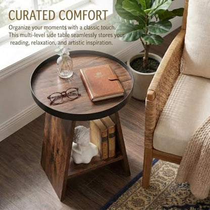 Round End Table with Tray Top, 2-Tier Rustic Side Table with Storage Shelf, Modern Farmhouse Industrial Wood Nightstand for Living Room, Bedroom, Small Spaces (Rustic Brown) - color: Rustic Brown