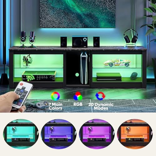 Bestier TV Stand for 70 inch TV, Gaming Entertainment Center for PS5, LED TV Cabinet with Glass Shelves for Living Room, 63'' Inch, Marble Black