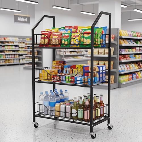 3 Tier Supermaket Snack Rack Display Stand, Retail Display Shelves with Hooks & Wheels, Metal Snack Shelf for Store Home Kitchen, Black Chip Rack Display Stand (3 Tier) - size: 3 Tier