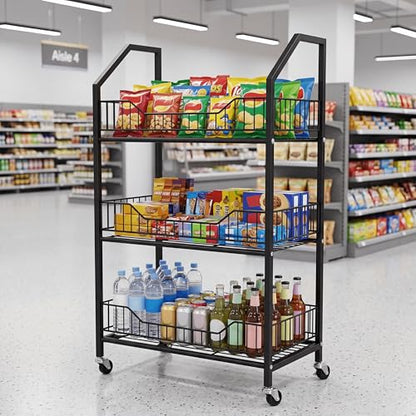 3 Tier Supermaket Snack Rack Display Stand, Retail Display Shelves with Hooks & Wheels, Metal Snack Shelf for Store Home Kitchen, Black Chip Rack Display Stand (3 Tier) - size: 3 Tier