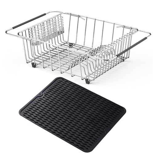NiuYichee Stainless Steel Dish Drying Rack(15"L X 12.6"W X 4.7"H), Expandable Fruit & Vegetable Drain Rack over Sink, Dish Drainer Rack in Sink, with Stainless Steel Utensil Holder & Silicone Mat(16") - size: X-Large【15" X 12.6"】