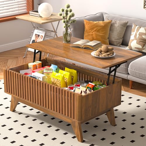 Lift Top Coffee Table with Hidden Compartment, Mid Century Modern Coffee Table for Living Room, Fluted Design Farmhouse Center Table with Storage (Walnut, 35.4" W) - color: Walnut